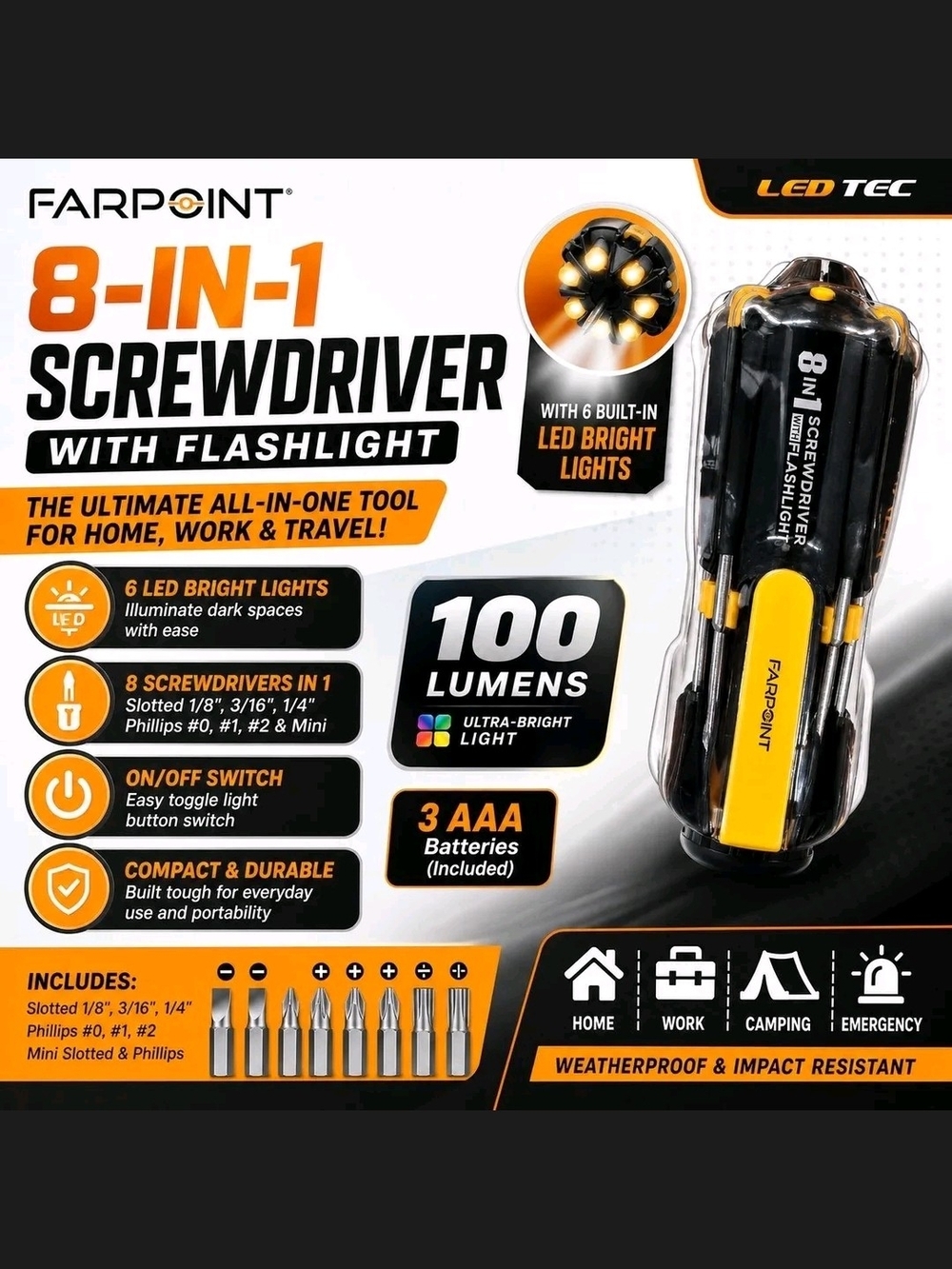 FARPOINT 8-in-1 Screwdriver with Flashlight - Black & Yellow